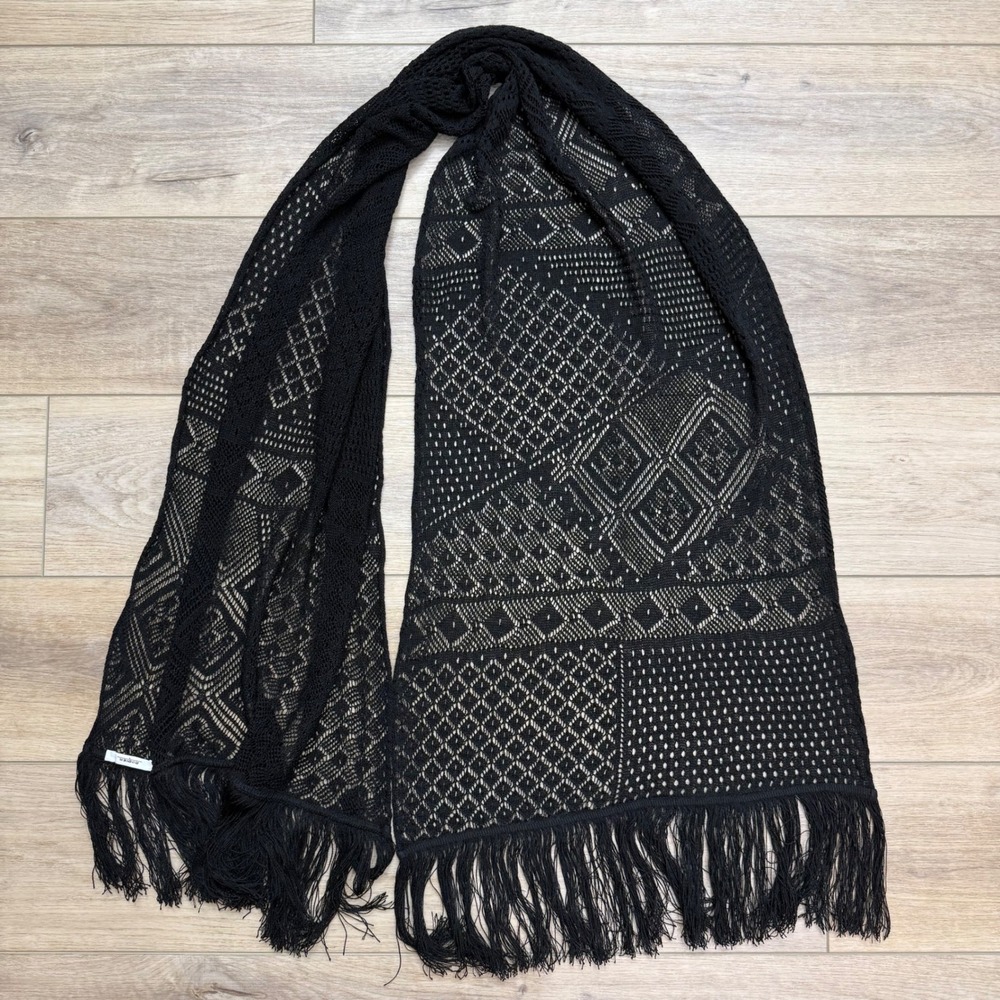 RODIER Black‎ Crochet Knit Fringe Whimsigoth Scarf Shawl Wrap Witchcore